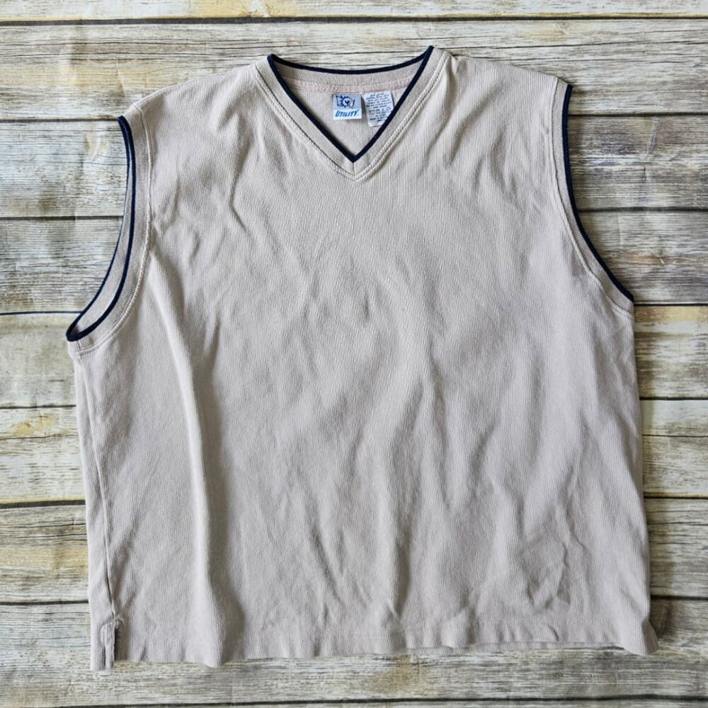 Utility Beige with Navy Blue Trim Sweater Vest sz XL Men's